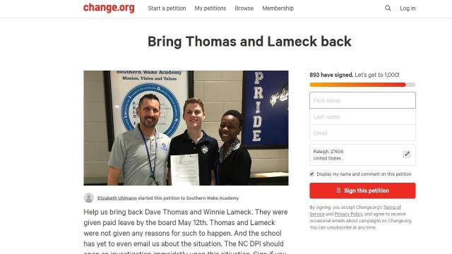 Petition started for former principal at Southern Wake Academy