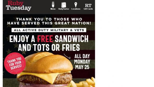 Ruby Tuesday offering military free sandwich & fries on Monday, May 25