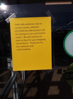 Sign on ALDI store in Durham, NC on 6-1-20