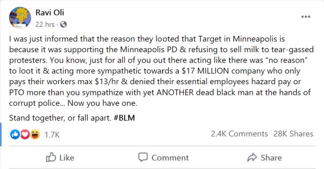 A Facebook user claimed that a Target store in Minneapolis was looted for supporting police by "refusing to sell milk to tear-gassed" protesters. People who have been hit by teargas sometimes use milk to ease the stinging effect.