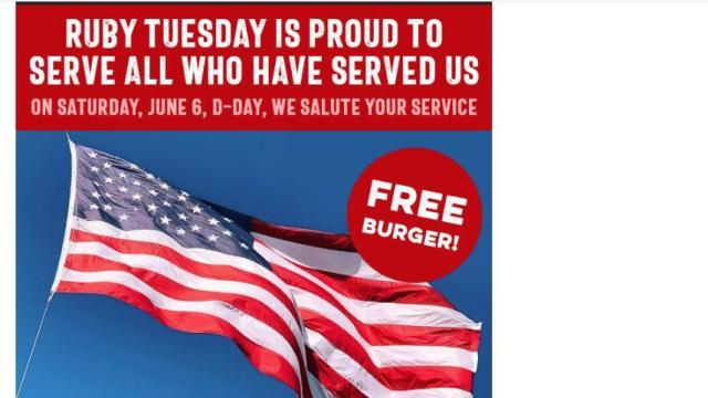 Ruby Tuesday offering military free burger on Saturday, June 6