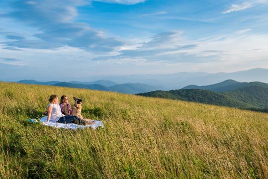 Max Patch, located near Hot Springs, is a very popular spot for Asheville locals to visit on weekends - for picnicing, relaxing and admiring the incredible views. Here, friends and Asheville residents Sara Kate Eubanks and Amanda Godino enjoy a late afternoon picnic with Zeta the dog. (ExploreAsheville.com.)