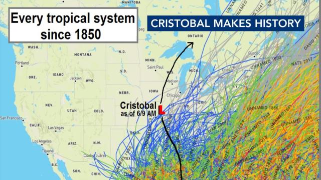 Tropical Storm Cristobal’s second record broke when it tracked farther west than any other post-tropical system since record keeping began in the mid-1800s. 
