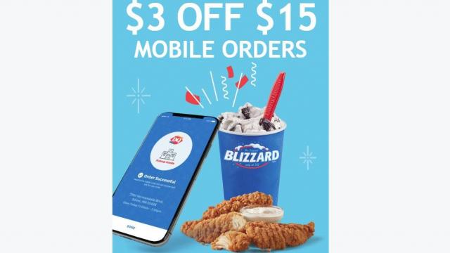 Dairy Queen: $3 off purchase of $15 or more on any mobile order