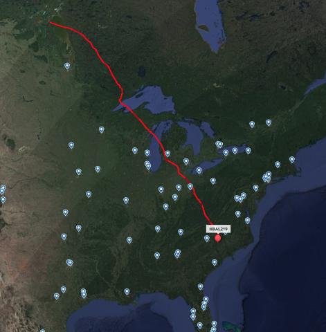 Project Loon balloons were spotted above North Carolina after drifting across the Great Lakes (via Flightradar24)