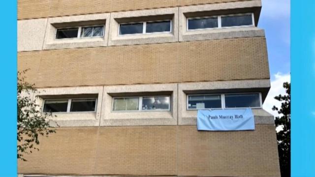 Banner to rename UNC campus building hangs at former Hamilton Hall