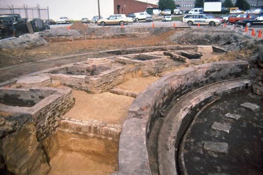 The foundation of the old Raleigh & Gaston roundhouse was uncovered during construction in the late 1980s. It was covered back up and still remains underground. (Photo courtesy of Brian Ezzelle)