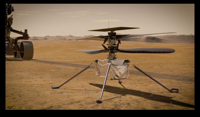 NASA's Ingenuity Mars Helicopter stands on the Red Planet's surface as NASA's Mars 2020 Perseverance rover (partially visible on the left) rolls away.

Ingenuity, a technology experiment, will be the first aircraft to attempt controlled flight on another planet. It will arrive on Mars on Feb. 18, 2021, attached to the belly of NASA's Perseverance rover. Perseverance will deploy Ingenuity onto the surface of Mars, and Ingenuity is expected to attempt its first flight test in spring 2021.