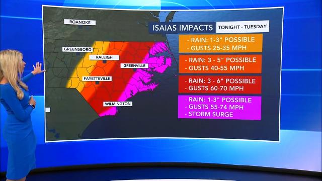 The areas in red will see the greatest impacts from Isaias, especially those along the Interstate 95 corridor. 