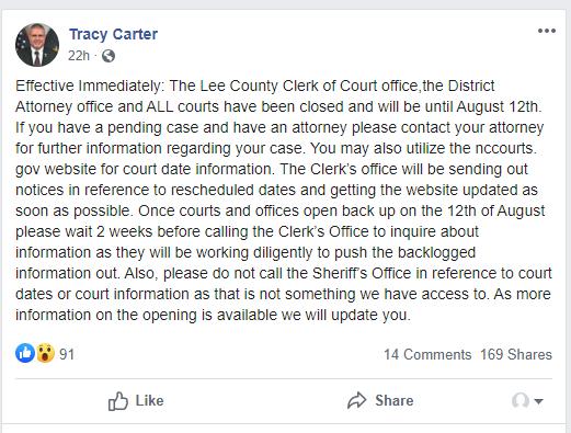 Lee County courthouse closed until mid-August