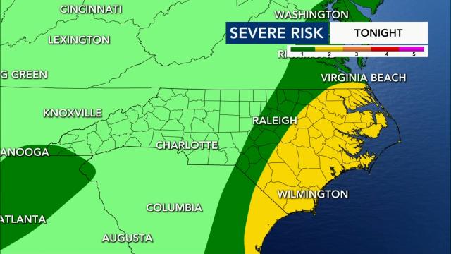 Some counties east of the Triangle, including Wayne, Sampson and Duplin, are under a level 2 risk for severe weather Monday as Tropical Storm Isaias gets closer to North Carolina. The Triangle is under a level 1 risk.