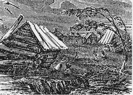 Woodcut of the earthquake in New Madrid in 1811-12