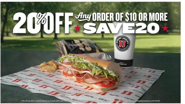 Jimmy John's: Save 20% off any order of $10+