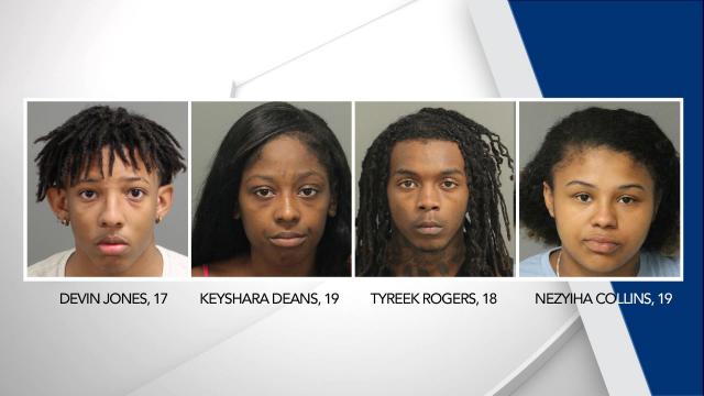 Police said Devin Cordell Jones, 17, is accused of killing Baker Saturday night at a Bojangles on Jones Sausage Road in Raleigh. Three others -- Keyshara Michelle Deans, 19, Nezyiha Zamir Collins, 19, and Tyreek Qumay Rogers, 18 -- were charged with felony accessory for helping Jones after Baker's death.