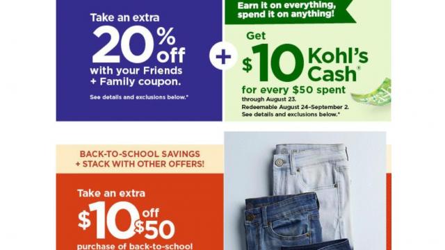 Kohl's: New 20% off coupon + $10 off $50 coupon + $10 Kohl's Cash