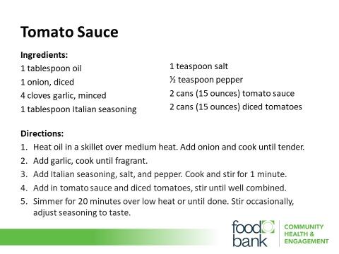 Tomato Sauce Recipe Card from the Food Bank of Central & Eastern North Carolina