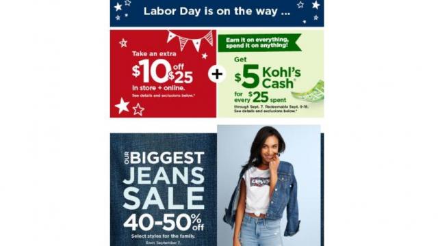 Kohl's Labor Day Sale: Stackable $10 off $25 coupon + 20% off coupon + $5 Kohl's Cash