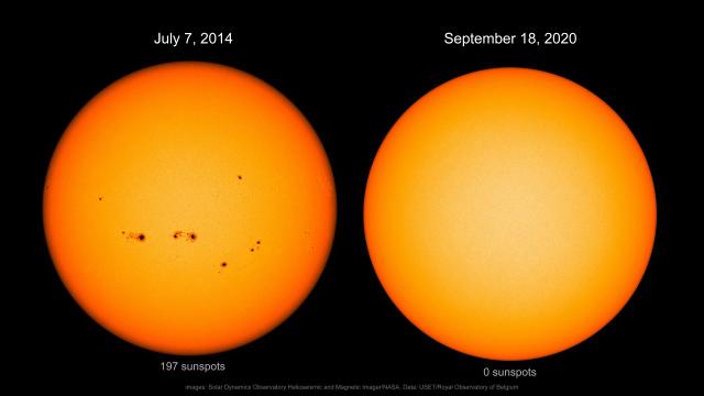 Sunspot count comparison of solar maximum in 2014 and minimum in 2020