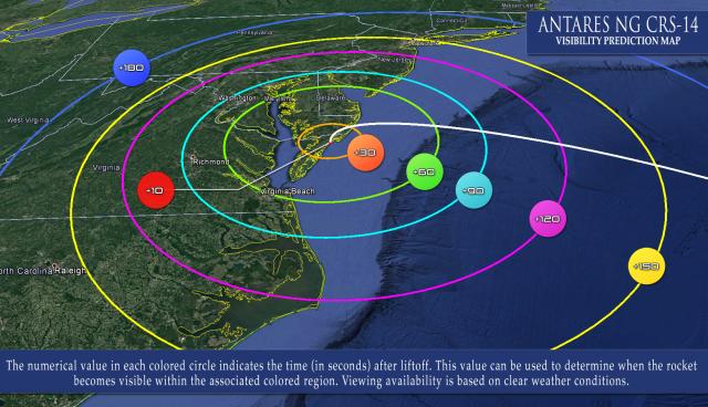 Map of the Mid-Atlantic showing predictions for visibility of the NG CRS-14 launch from NASA’s Wallops Flight Facility in Virginia. The numbers in each colored circle represent the number of seconds after liftoff that the launch might become visible in the associated region. Viewing is dependent upon weather conditions and other factors, such as elevation and the extent to which one’s view of the horizon is obstructed. Credit: NASA Wallops