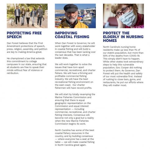 Screenshot, issues page, Dan Forest campaign website, Oct. 22, 2020.