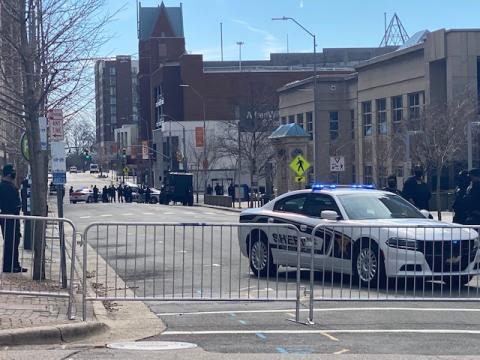 As a precaution, dozens of officers surrounded downtown buildings as early as 11 a.m. on Sunday. Officers in PERT (Prison Emergency Response Team) vests and uniforms were stationed downtown to help in the response along with a “BearCat” vehicle, a tank designed for military officers to use in armed standoff situations.