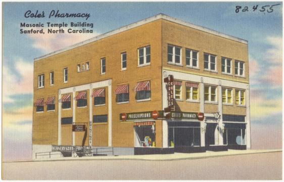 Cole's Pharmacy was also in the Masonic Temple building in Sanford, NC.