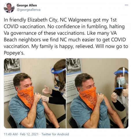 Former Virginia Gov. George Allen tweeted Friday, Feb. 12, 2021, that he travelled to North Carolina to get his COVID-19 vaccine.