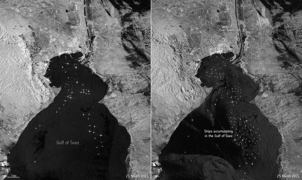 Suez Canal backup visible from space