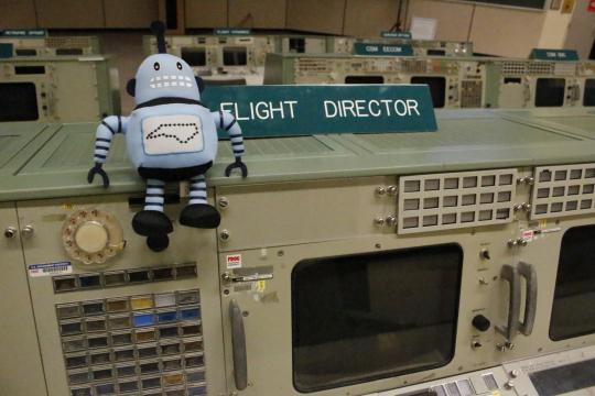 NC Science Festival "spokesbot" Kelvin to NASA's historic Mission Operations Control Room (MOCR-2) at the Johnson Space Center in Houston where controllers work from the Apollo through the beginning of the Space Shuttle programs