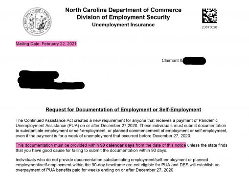 NC Division of Employment Security request for documentation, February 22, 2021. Provided by a claimant, personal information redacted by WRAL News.