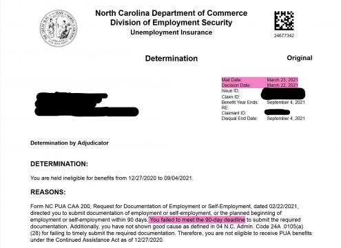 NC Division of Employment Security benefits denial, March 23, 2021. Provided by a claimant, personal information redacted by WRAL News.