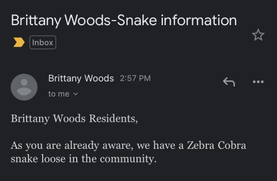 Part of a letter from the HOA for Brittany Woods, where the cobra was first seen.