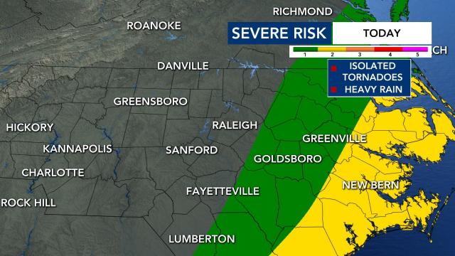 Most of the WRAL viewing area is under a Level 1 risk for severe weather on Thursday with strong winds and heavy rain being the primary threats.