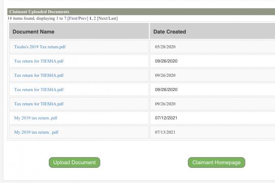 Screenshot of Tiesha Council's uploads to the NC DES's claims system.