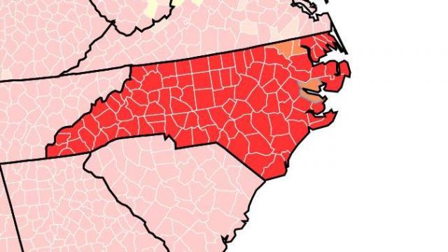 A Map from the Centers for Disease Control and Prevention shows all but two of North Carolina's counties have high tranmission of the virus. 