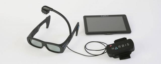 The Narbis smart glasses set includes the glasses, equipped with three brainwave sensors; a Bluetooth-enabled amplifier on an armband; and a tablet with training programs. Image courtesy of Narbis