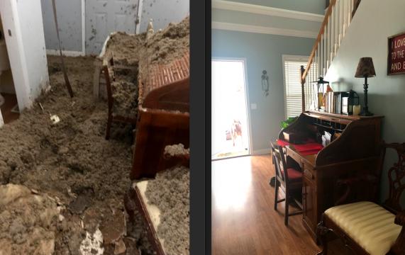 Before and after images show the damage to Greg Dail’s North Topsail Beach home from Hurricane Florence, left, and the completed repairs Dail paid for out of pocket and by his insurance company. Photo: Contributed