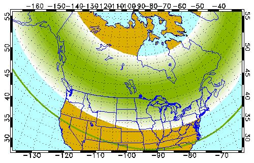 High auroral activity is forecasted through Halloween night with active auroral displays visible from Portland Oregon, to New York City, and visible low on the horizon as far south as northern California to North Carolina.