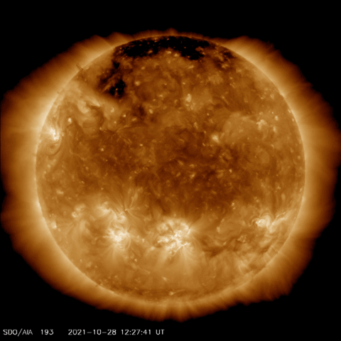 A strong solar flare errupted over a sunsport on October 28 around 11:35 am EDT.  Seen here in the extreme ultraviolet range (193 angstroms) from NASA's Solar Dynamics Observatory