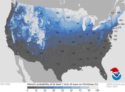 NOAA uses 30-year historical data to determine snow chances. 
