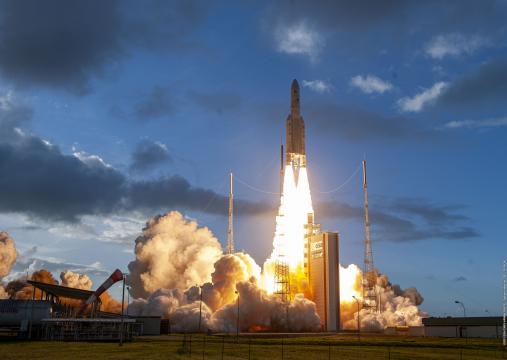 an Ariane 5 launch vehicle, like the one which will launch the James Webb Space Telescope, lifts off from the ESA's French Guiana space port in 07/30/2021, courtesy European Space Agency