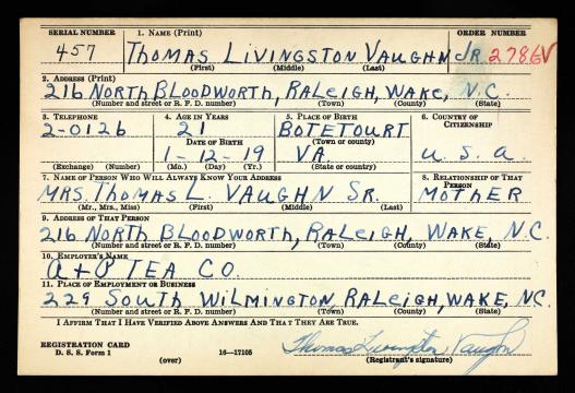 Thomas Livingston Vaughn military registration