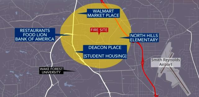 Officials ask that everyone in within a 1-mile area of the fire leave and find somewhere else to stay. (That's the area highlighted in the yellow.) That includes an elementary school, a Walmart, student housing and dozens of other businesses. 