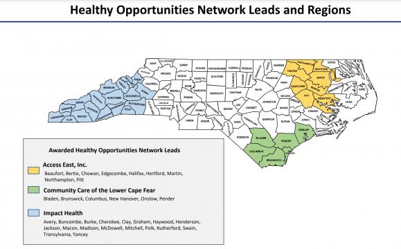 NC DHHS map of the state's Health Opportunities pilot program regions.
