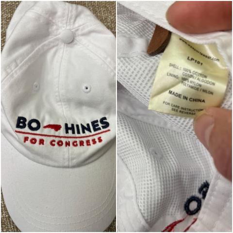 Photos obtained by WRAL News show a white hat labeled “Bo Hines for Congress” with a “Made in China” label.