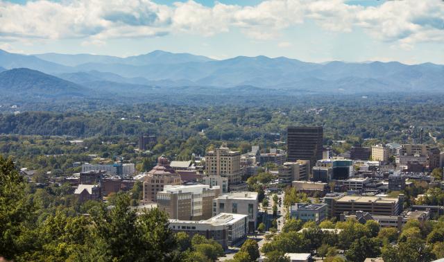 Low aerial shot of downtown Asheville, North Carolina.