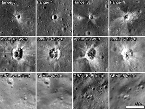 Selection of spacecraft impact sites imaged by LROC, all images to same scale [NASA/GSFC/Arizona State University].
