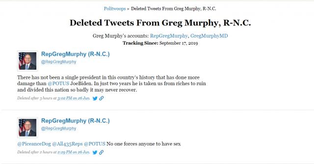 A pair of messages — including one that claimed “no one forces anyone to have sex” — were deleted from the Twitter account of Republican U.S. Rep. Greg Murphy of North Carolina, according to a ProPublica database that tracks deleted tweets from elected officials. 