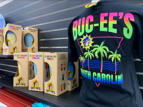 Bucee's, which is famous for its beaver nuggets, has tons of clothing to buy