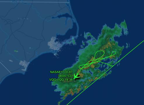 NASA's DC-8 Airborne Laboratory studying icing in large storms off the North Carolina coast between Ocracoke and Wilmington (Courtesy: FlightAware)